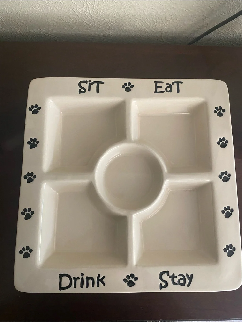 Ceramic Divided Platter with Paw Prints and the words SIT, EAT, DRINK, STAY